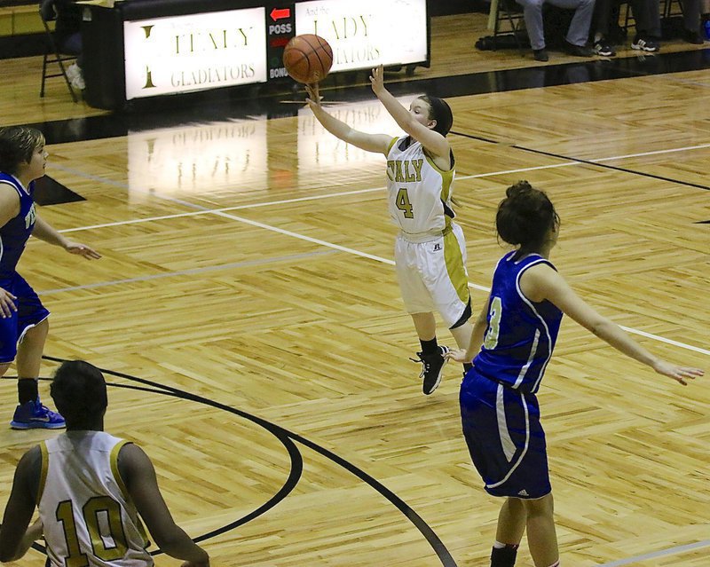 Image: Tara Wallis(4) swishes a 3-pointer from the beyond the arc for the Lady Gladiators. Wallis finished with 12-points.