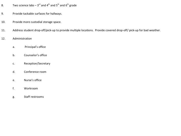 Image: The next few images contains the list of improvements that Mr. Rabe made during his interviews with the teachers and staff at both campuses.