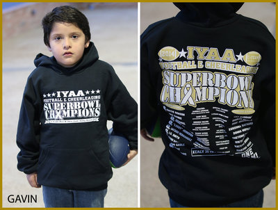 Image: Offensive and defensive tackle Gavin Vasquez models the front and back his IYAA Superbowl Champion hoodie. Gavin’s mother Stefanie Almanza commented that Gavin slept in his hoodie all night. Yeah, it means something.