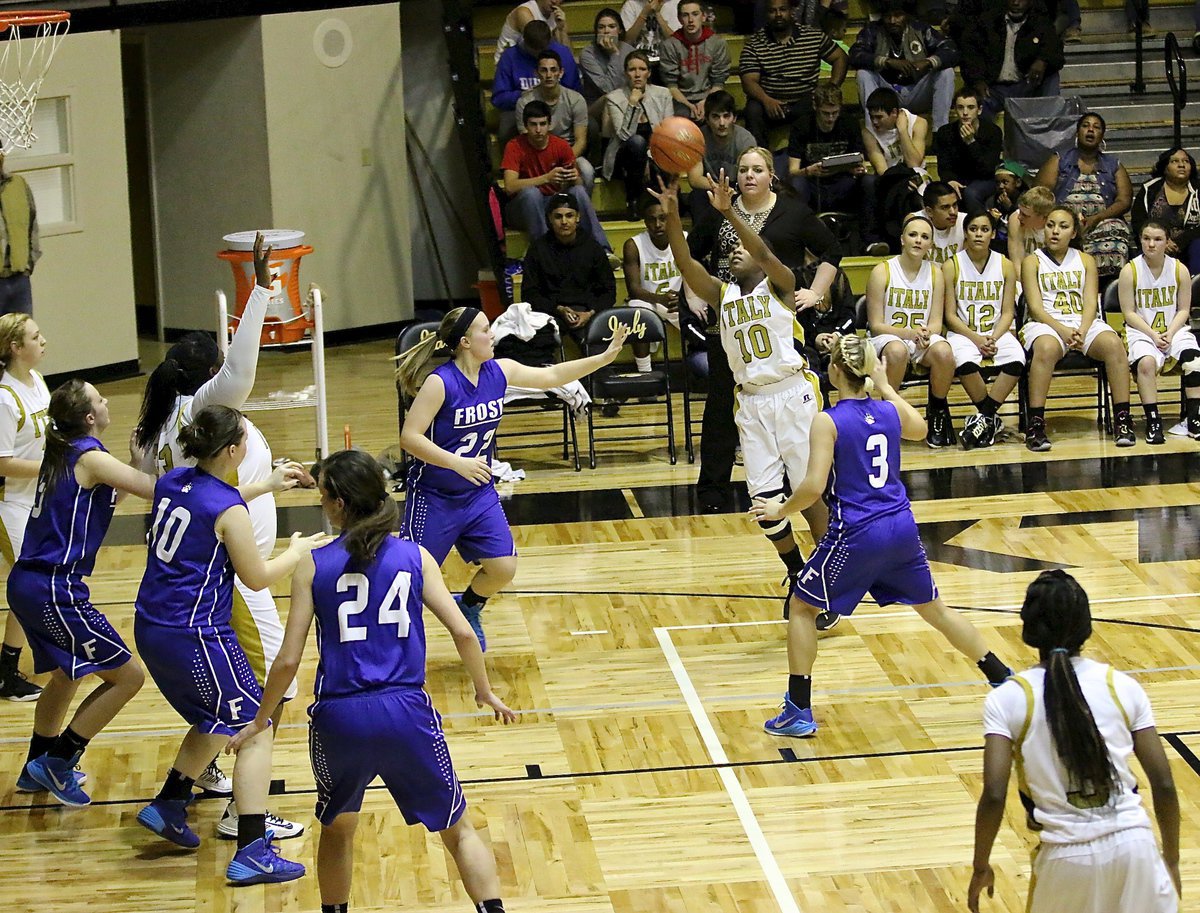 Image: Senior K’Breona Davis(10) does a bit of everything for the Lady Gladiators and here she knocks down a much needed jumper against Frost.