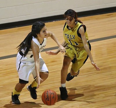Image: Lady Gladiator defender T’Keyah Pace keeps pace with an Itasca dribbler.