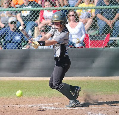 Image: Slap-hitter Bailey Eubank(1) crunches the ball into play for the Lady Gladiator offense.