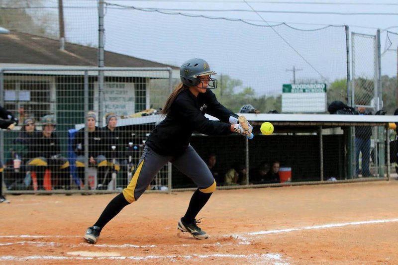 Image: Sophomore April Lusk doing her magic as a switch hitter for the Lady Gladiators. Lusk hit 2 triples along the way, recorded 5 RBIs and crossed home plate 11 times during the 2015 Tournament of Champions in Woodsboro.