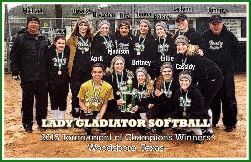 Image: Congratulations to the Italy Lady Gladiators who posted 5 shutouts and scored a perfect 25 to win the 2015 Tournament of Champions in Woodsboro. Back row(L-R): Assistant Coach Michael Chambers, Tara Wallis, Brooke DeBorde, Brycelen Richards, Head Coach Tina Richards, Jenna Holden, Kelsey Nelson, Jaclynn Lewis and Assistant Coach Johnny Jones. Front row (L-R): April Lusk, Madison Washington, Britney Chambers, Lillie Perry and Cassidy Childers.