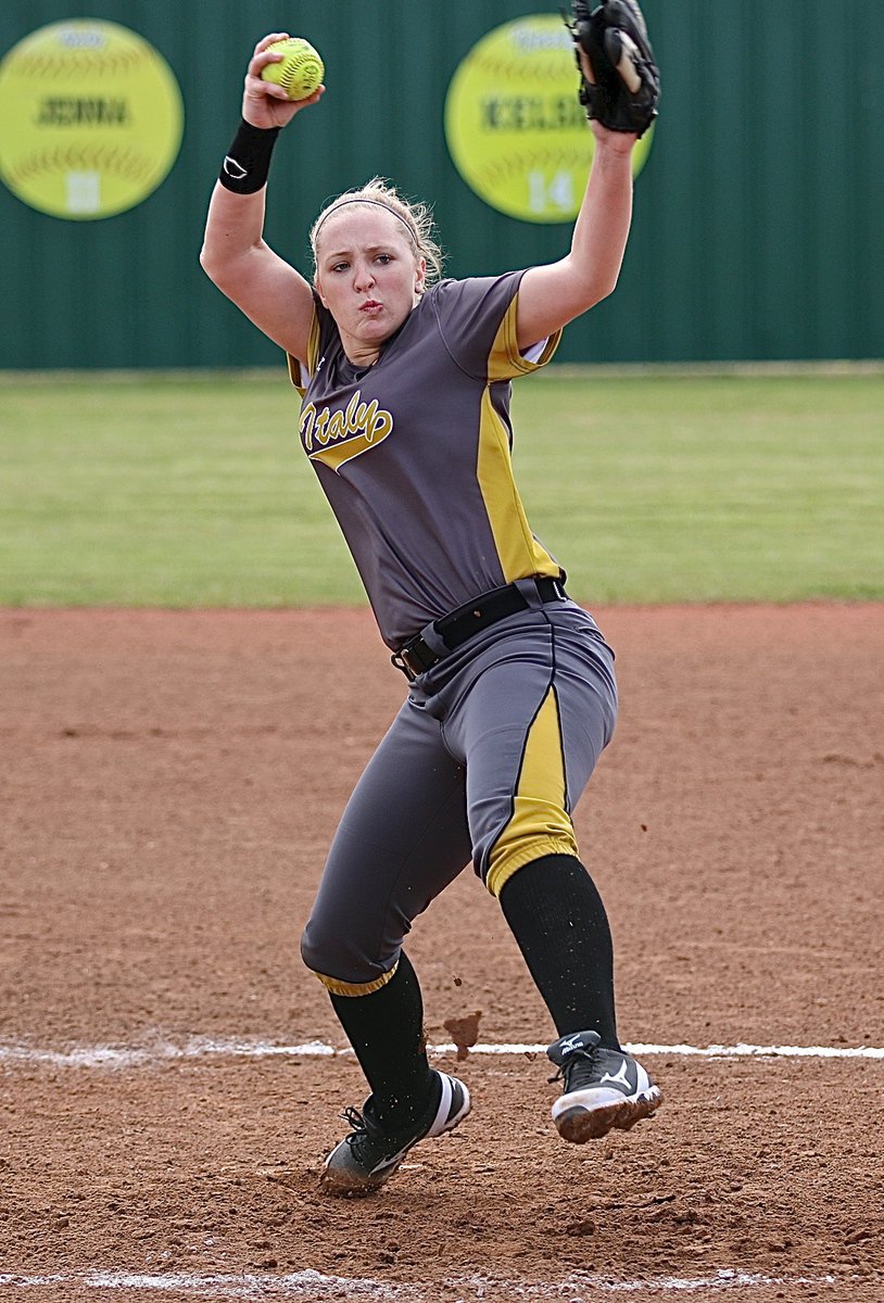 Image: Senior pitcher Jaclynn Lewis(15) was on the mound against visiting Mildred. The Lady Gladiators have been hard at work in preparation for their district opener against Frost.