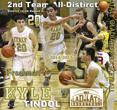 Image: Freshman Italy Gladiator Kyle Tindol earned 2014-2015 2nd Team All-District Honors in District 12-2A Region II with his ability to dribble and drive his willingness to dive on the floor and fight for loose balls.