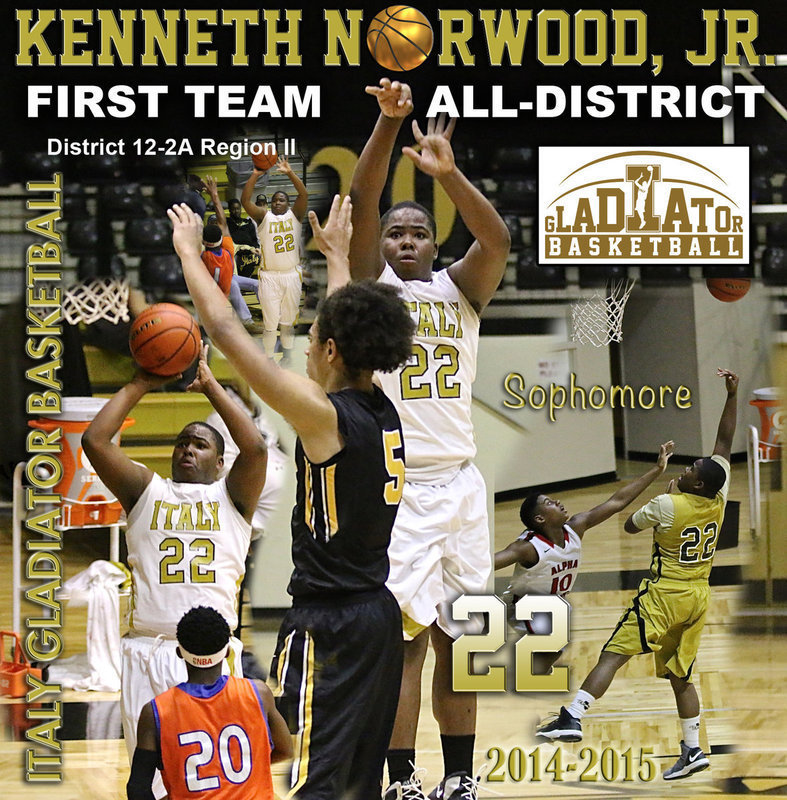 Image: Sophomore Italy Gladiator Kenneth Norwood, Jr. earned 2014-2015 1st Team All-District Honors in District 12-2A Region II with scrappy defensive play and the ability to knock down long-range shots.