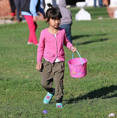 Image: Annie collects Easter eggs on the front lawn of the Dunlap Library at her own pace.