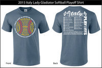 Image: 2015 Lady Gladiator Softball playoff shirt design.
Heathered Indigo Gildan Tshirts with three color design.