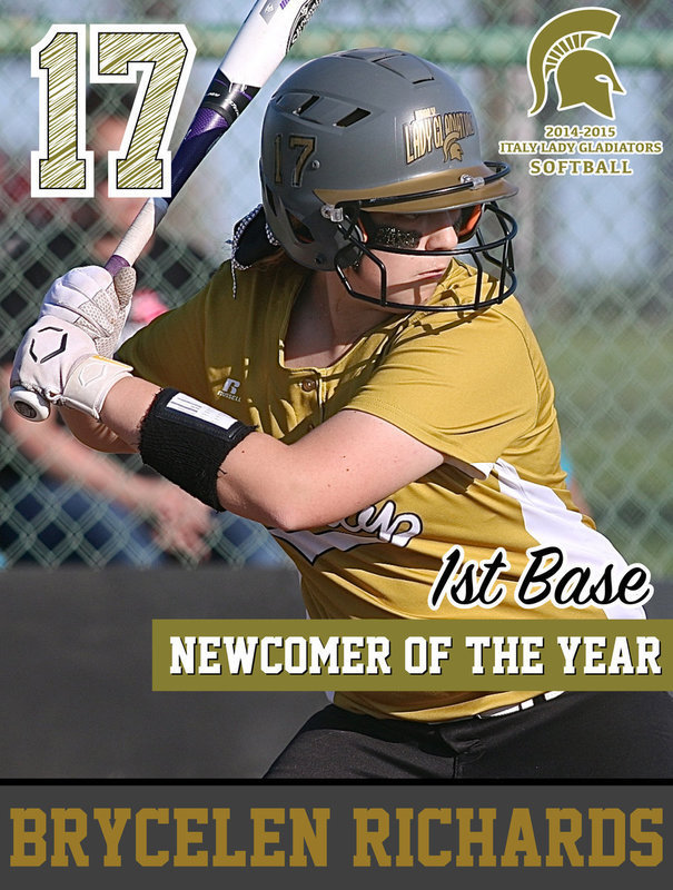 Image: Italy Lady Gladiator 1st Baseman Brycelen Richards(17) earned the district’s Newcomer of the Year superlative and also achieved Academic All-District.