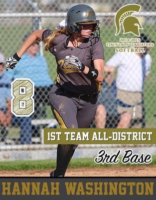 Image: Italy Lady Gladiator 3rd Baseman Hannah Washington(8) earned 1st Team All-District honors and also achieved Academic All-District.