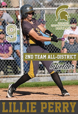 Image: Italy Lady Gladiator Catcher/3rd Baseman Lillie Perry(9) earned 2nd Team All-District honors despite a midseason leg injury.