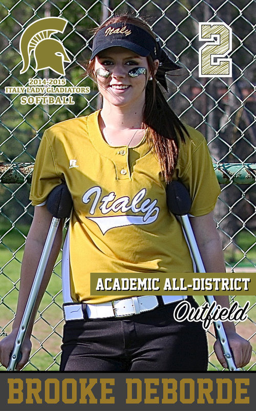 Image: Italy Lady Gladiator outfielder Brooke DeBorde(2) was sidelined early with a leg injury but was always supportive in the dugout. DeBorde still managed to achieve Academic All-District.