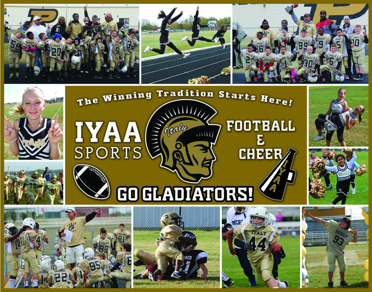 Image: The IYAA (Italy Youth Athletic Association) is currently holding its 2015 Football and Cheerleading Signups. In person signups will be on Saturday, August 8, from10:00 a.m. to 12:.00 p.m. and again on Saturday, August 15, from 5:00 p.m. to 9:00 p.m. Both signup days will be at the Upchurch Ballpark in Italy.