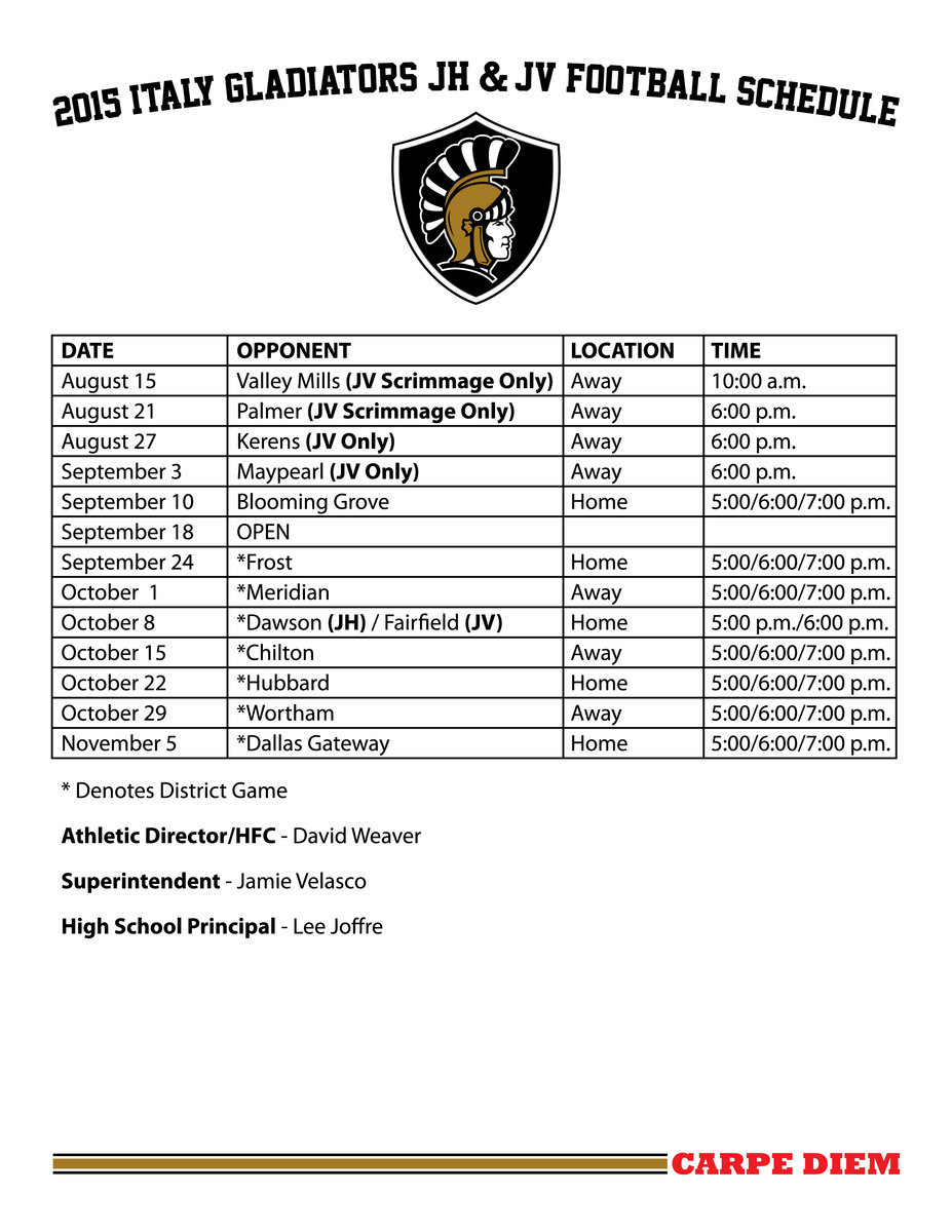 Image: 2015 Italy Gladiator JV and Jr. High Football Schedule. Click image to enlarge then select ‘Fit To Page’ before printing.