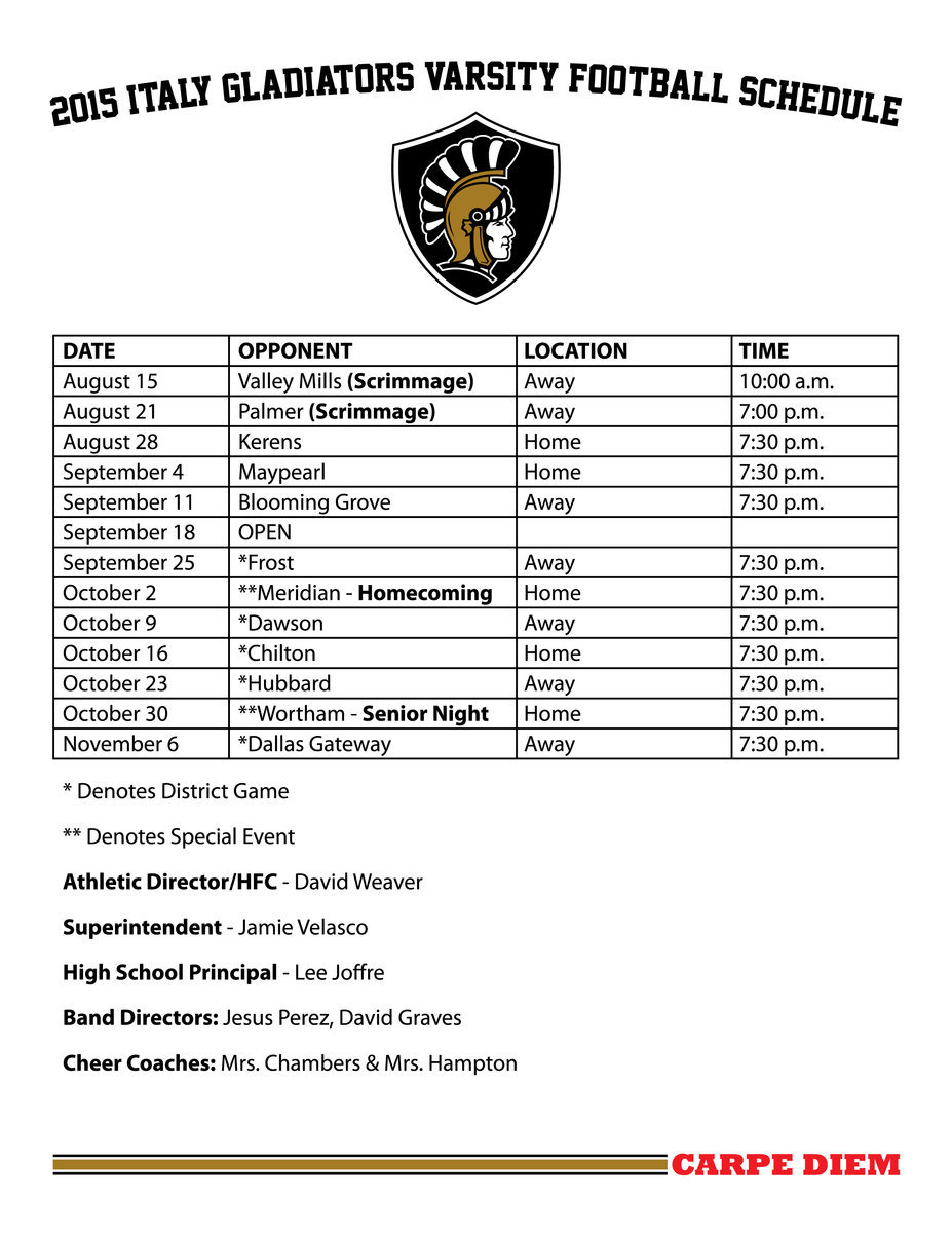 Image: 2015 Italy Gladiator Varsity Football Schedule. Click image to enlarge then select ‘Fit To Page’ before printing.