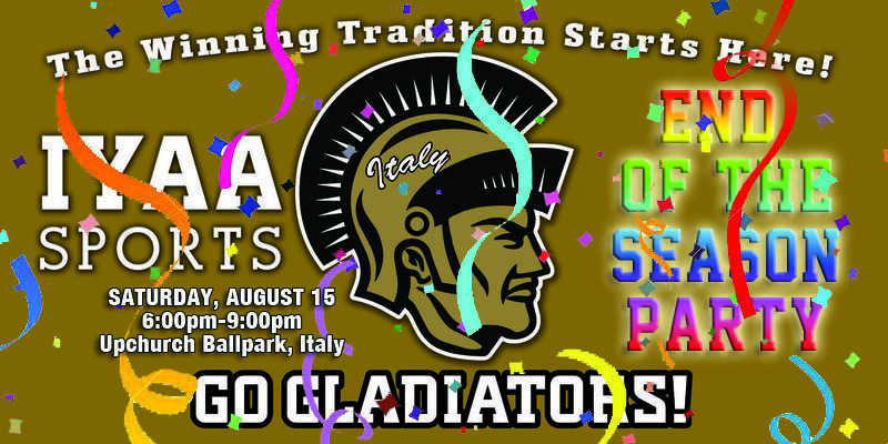 Image: The Italy Youth Athletic Association (IYAA) will be hosting its End of Season Party on Saturday, August 15, from 6:00 p.m. to 9:00 p.m. at the Upchurch Ballpark. It will also be a great time to signup for football and cheerleading which starts at 5:00 p.m.