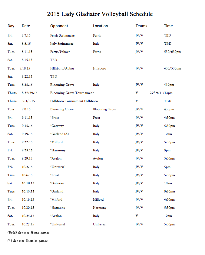 Image: 2015 Italy Volleyball Schedule – Varsity/JV