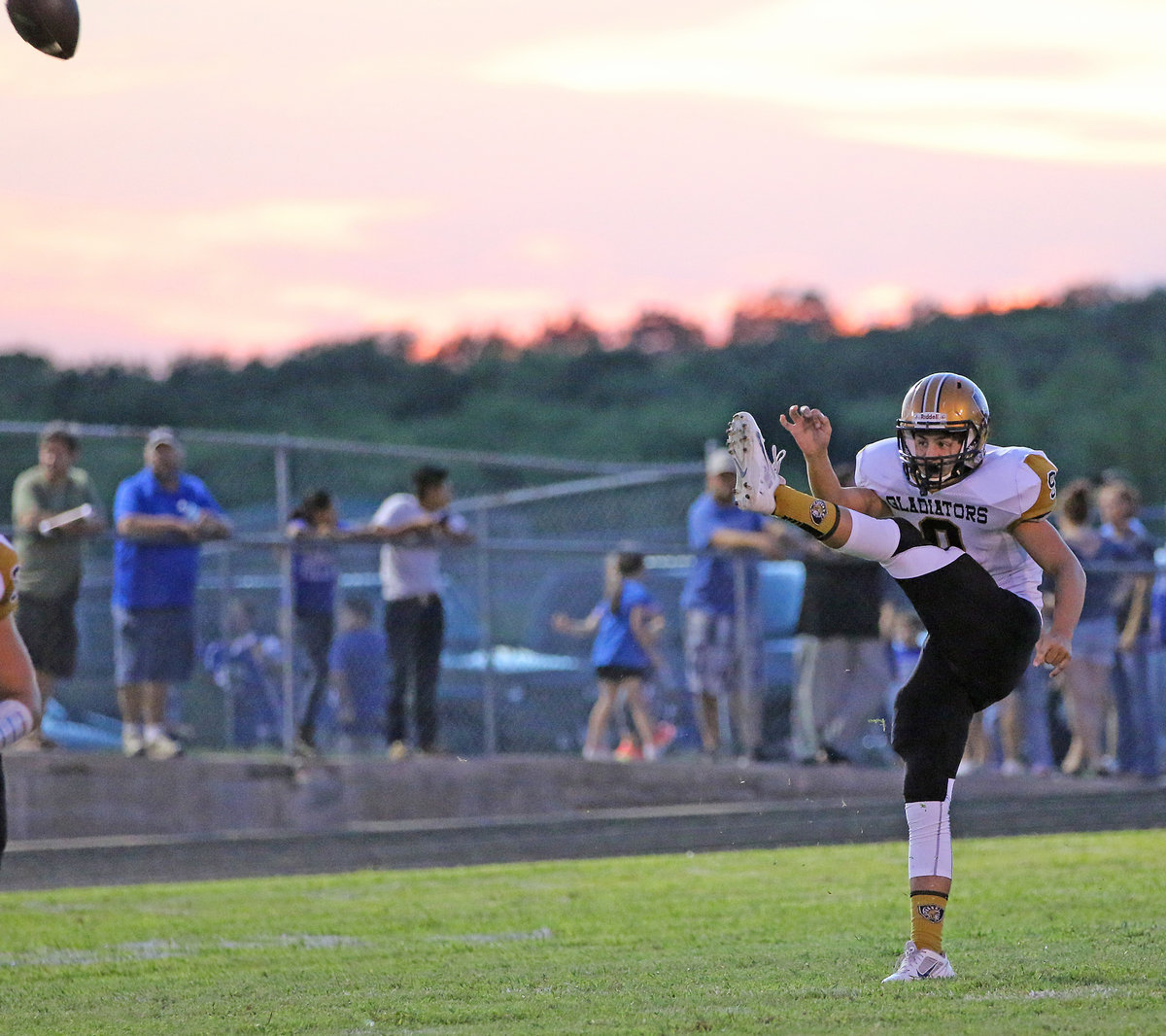 Image: Gladiator punter Gary Escamilla(9) tries to give the Lions the boot.