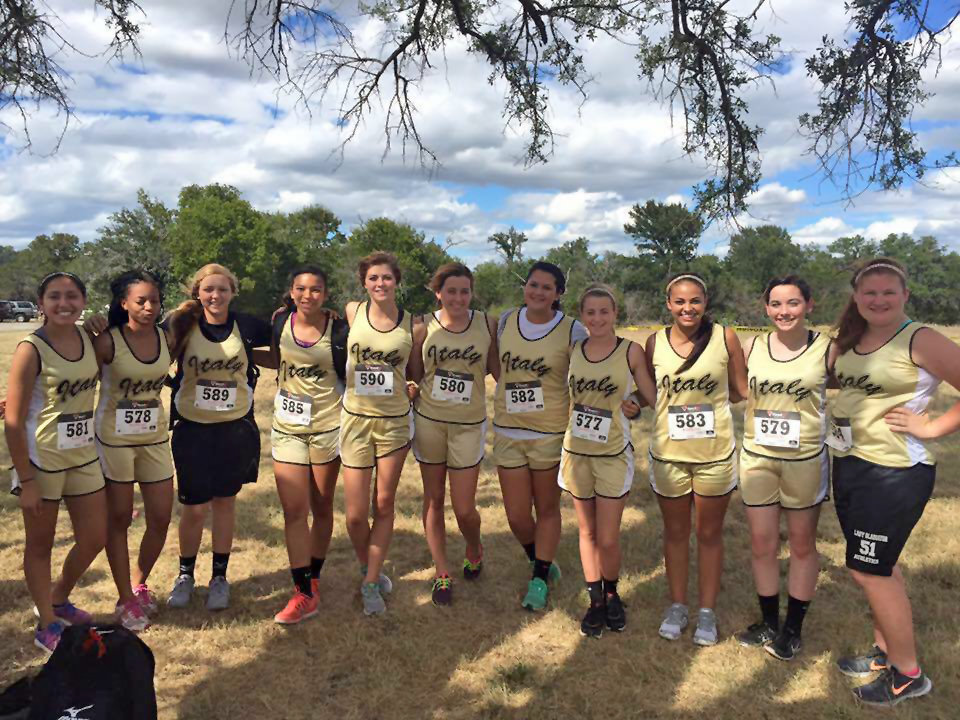 Image: The 2015 Italy lady Gladiator Cross Country Team advances to Regionals with Marlen Hernande, T’Keyah Pace, Brycelen Richards, April Lusk, Halee Turner, Hannah Haight, Jenna Holden, Britney Chambers, Ashlyn Jacinto, Madison Galvan and Reagan Jones representing Italy’s JV and Varsity squads. Not pictured are Taylor Boyd, Janae Robertson and Lillie Perry.