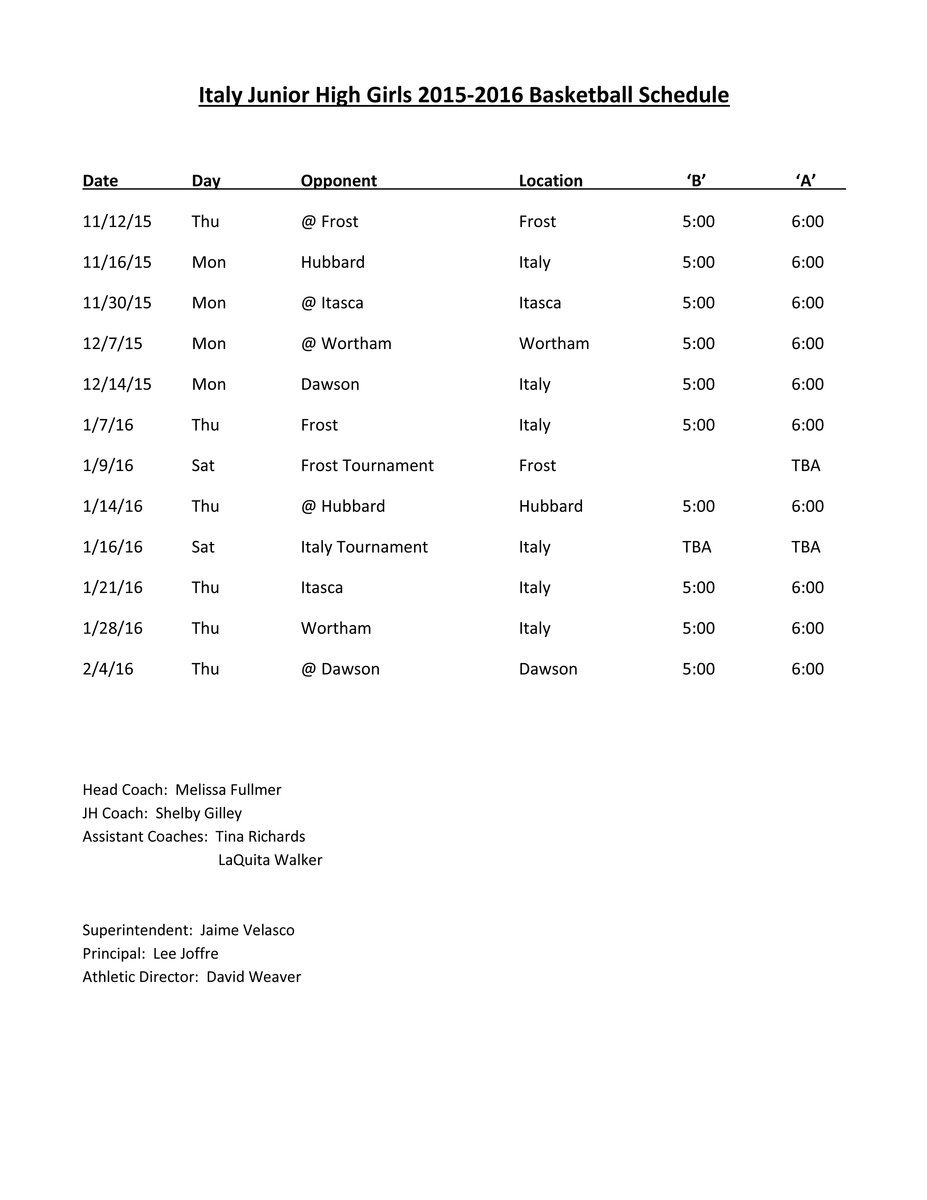 Image: Italy Lady Gladiator 2015-2016 Jr. High School basketball schedule. Click image twice to enlarge and then select ‘Fit to page’ before printing.