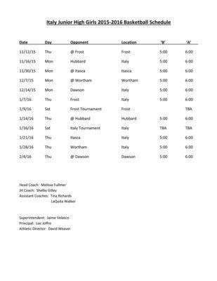 Image: Italy Lady Gladiator 2015-2016 Jr. High School basketball schedule. Click image twice to enlarge and then select ‘Fit to page’ before printing.