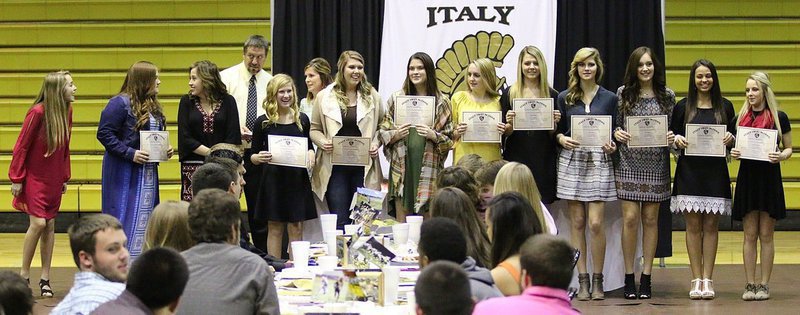 Image: Your 2015-2016 Varsity Cheerleaders are Karley Nelson, Reagan Jones (Mascot), Hannah Haight, Karson Holley, Sydney Weeks, Grace Haight, Kirby Nelson, Brooke DeBorde, Halee Turner, Jozie Perkins, Co-Captain Ashlyn Jacinto and Captain Britney Chambers. Cheer Coach Jenna Chambers also presented these ladies with medals for their year-long efforts.