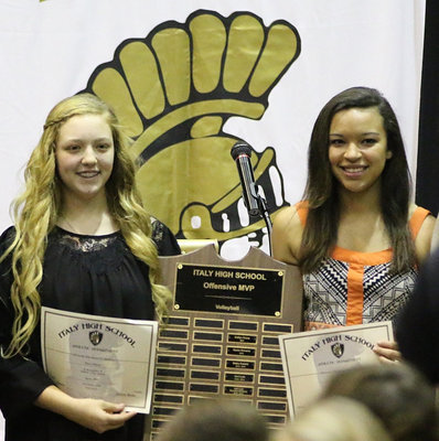 Image: Brycelen Richards, a freshman, and April Lusk, a junior, share the Italy Lady Gladiator Volleyball Co-Offensive MVP Award.