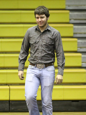 Image: Micah Escamilla cowboys up during the Senior Introductions to begin the banquet.
