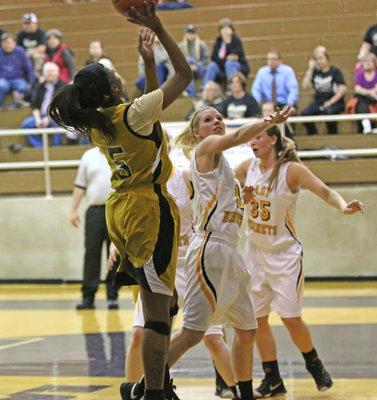 Image: Janae Robertson(5) attacks the basket for the Lady Gladiators.