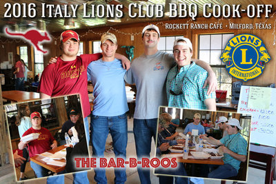 Image: Members of the Austin College Kangaroos Football team, including Zain Byers (Italy HS ’14) Shane Brooks, Eric Summerlin, and Ben Moran, made the trip to Milford, Texas and volunteered their time, and taste buds, as judges during the 2016 Italy Lions Club BBQ Cook-Off. Thanks, “Bar-B-Roos!”