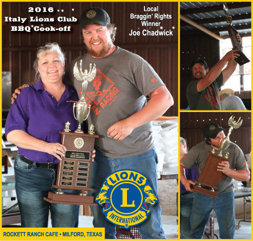 Image: The local Braggin’ Rights and Grand Champion trophy went to Joe Chadwick who totaled 30 overall points during the 2016 Italy Lions Club BBQ Cook-off. Presenting Joe with his award is Flossie Gowin.