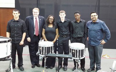 Image: (L-R) Elliott Worsham, Senator John Birdwell, Brenya Williams, Hunter Hinz, Anthony Lusk, Mr. Jesus Perez (Italy ISD Band Director)