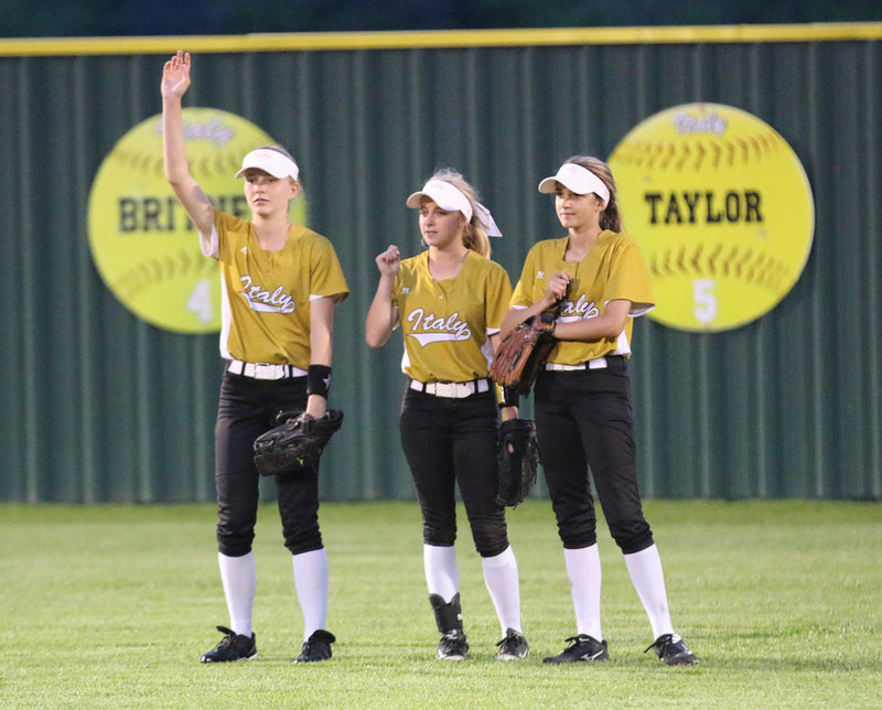 Image: Italy outfielders Taylor Boyd, senior Britney Chambers and Karley Nelson have the infield’s back against Avalon.