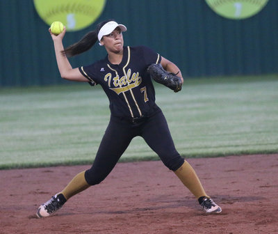 Image: Shortstop April Lusk(7) guns downs a Riesel runner late in the game.