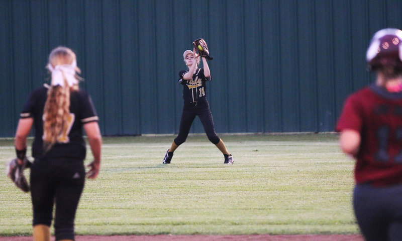 Image: Italy Lady Gladiator Freshman Karley Nelson(14) makes a senior level play by catching a Riesel pop-up to end the game and give Italy a 1-0 lead in the series.