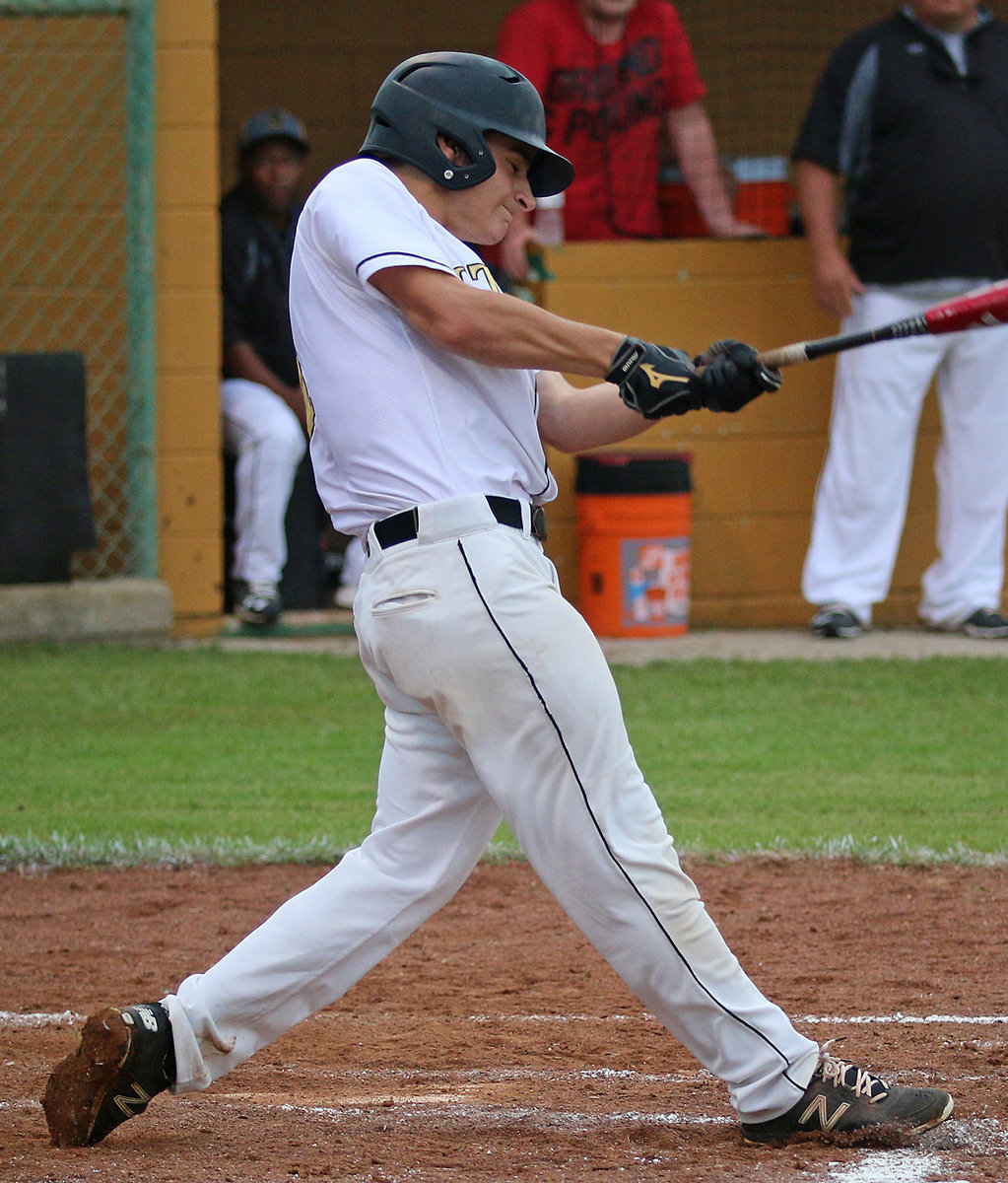 Image: Italy Gladiator Levi McBride(1) muscles a hit past the Wampus Cat infielders.