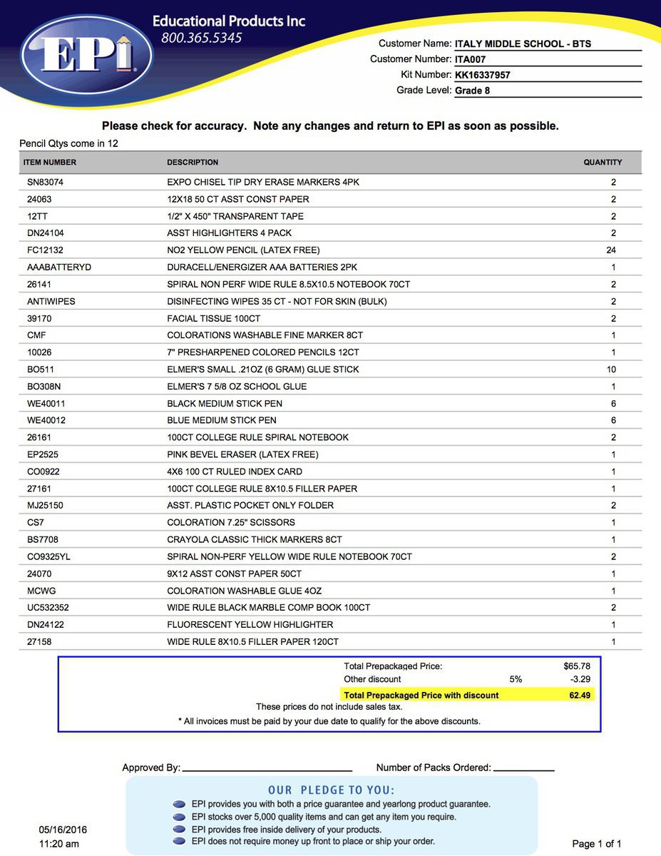 Image: Italy ISD Grade 8 School Supply List