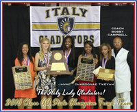 Image: Italy HS track coach, Bobby Campbell, is pictured with the 2016 Italy Lady Gladiators Conference AA UIL State Track Champions! (L-R) April Lusk, Halee Turner (Sr.), Janae Robertson (Sr.), Chardonae Talton and T’Keya Pace. ….And they did it without a track at the school and with only 5 ladies!!