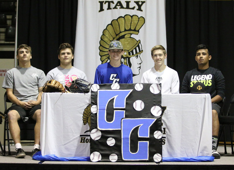 Image: Cisco College commit Ty Windham is joined by his Italy Gladiator senior baseball teammates. (Left) Levi McBride and Hunter Merimon. (Right) Clayton Miller and Jorge Galvan.