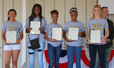 Image: The Italy Lady Gladiator 2016 Conference AA State Champion Track Team members April Lusk, Janae Robertson, T’Keyah Pace, Chardanae Talton and Halee Turner  receive framed copies of their City of Italy proclamations from Italy Mayor Steven Farmer.