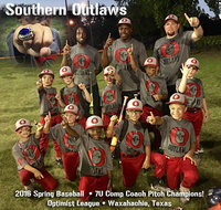 Image: Southern Outlaws become the Waxahachie Optimist League’s 2016 Spring Baseball 7U Comp Coach Pitch Champions!!! Back row: Assistant Coach Jasenio Anderson, Head Coach Detrick Green, Assistant Coach David Weaver. Assistant Coach Lee Joffrey (Not Pictured). Player roster: #7 Jack Weaver. #9 Brady Whitney, #5 Cason Green, #1 Jordan Cooper, #11 Ian McGinnis, #3 Kace Campbell, #23 Ja’Lynn Anderson, #15 Rowan Joffre, #2 Braydon Enriquez, #12 Trip Slovak and #20 Carson Posey (Not pictured).