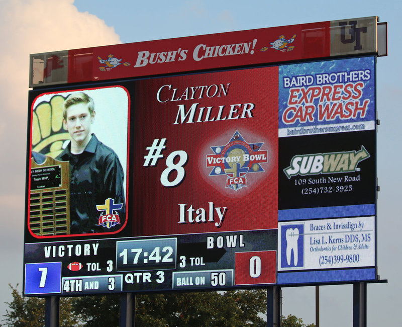 Image: Italy’s High School’s Clayton Miller(8) is recognized in a big way for being an All-Star participant during the halftime presentation of the 8th Annual 2016 FCA Victory Bowl.