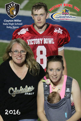 Image: FCA Victory Bowl VIII All-star Clayton Miller(8) poses with his mother Jennifer McKinney Walls and his sister Brooke Miller after the game.