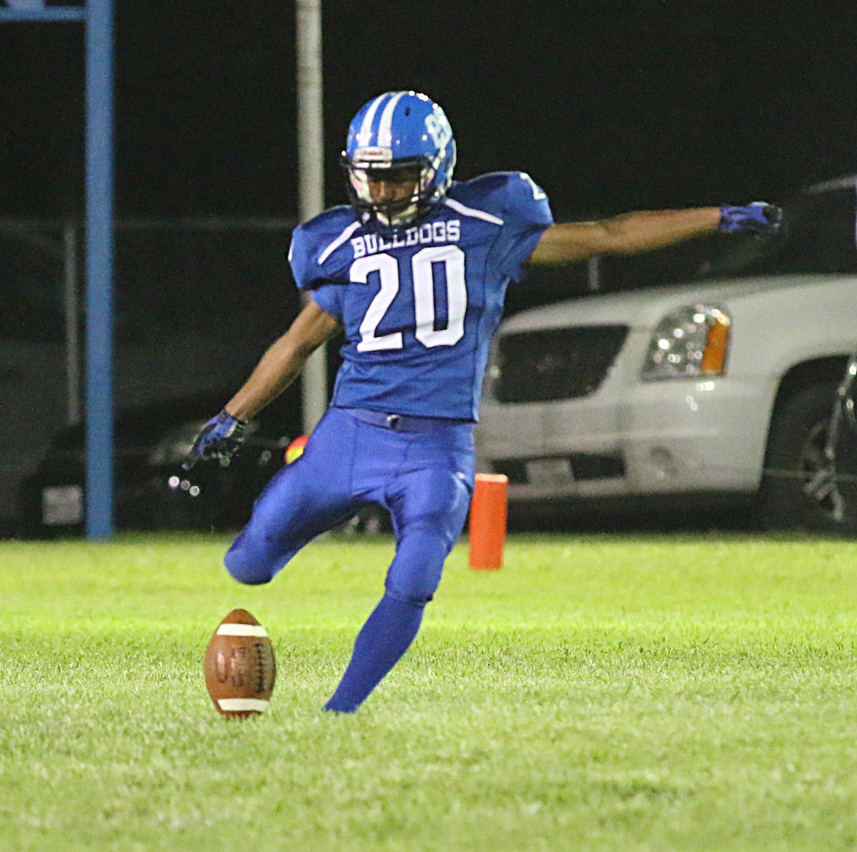 Image: Milford’s place kicker #20 Lowisley Ojeda kicks off to the Jonesboro Eagles after a Bulldog touchdown. Ojeda went 2-of-2 on PAT kicks for a total of 4-points on the night.