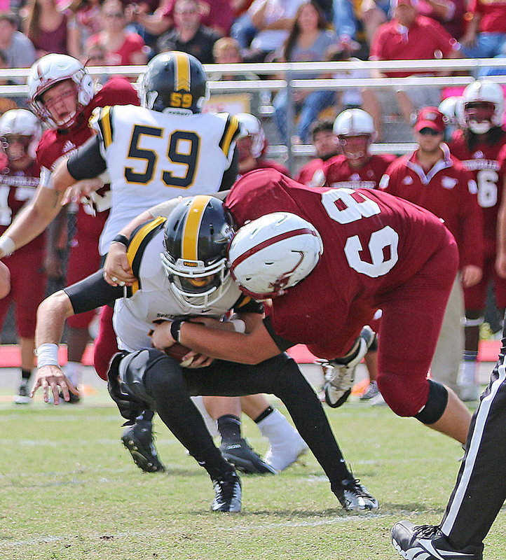 Image: Sophomore Season: A sophomore back in 2015, Austin College nose guard #68 Zain Byers recorded his first collegiate sack against the Southwestern Pirates.