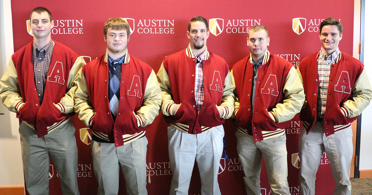 Image: Sophomore Season: Sporting their official Austin College Kangaroo letterman Jackets were sophomores’ Eric Summerlin, Denton Texas / Ryan, Zain Byers, Italy, Texas, R.J. Melton, Electra, Texas / Electra, Cooper Gross, Tulsa, Okla. / Holland Hall, and Shane Brooks, Waco, Texas / Reicher Catholic. The jackets are awarded to players who have been in the Kangaroo football program for two seasons.