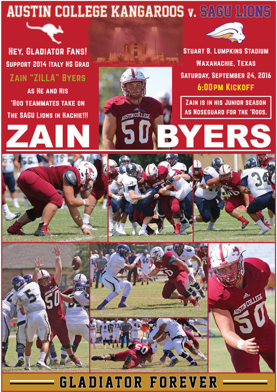 Image: Show your support for 2014 Italy High School graduate #50 NG Zain “Zilla” Byers and his Austin College Kangaroo teammates who will be taking on the SAGU Lions at Waxahachie’s Stuart B. Lumpkins Stadium on Saturday, September 24. Kickoff set for 6:00 p.m.