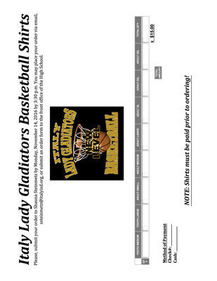 Image: Italy Lady Gladiators Basketball Shirts ORDER FORM. Click to enlarge image then set you printer dialogue box to “Fit to page” before printing.