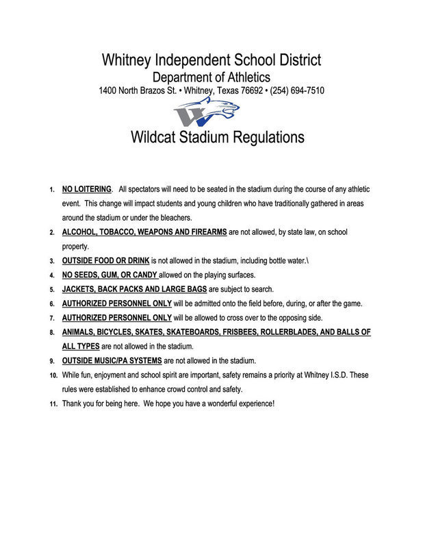 Image: Whitney ISD / Wildcat Stadium Regulations / Page 2:
    Click to enlarge image then set you printer dialogue box to “Fit to page” before printing.